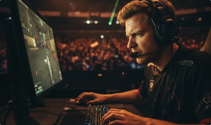 Professionele esports-speler met een gaming-headset die deelneemt aan een live toernooi voor een groot publiek.