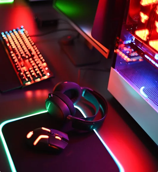 Close-up van een moderne game-setup met een pc, headset, toetsenbord en muis verlicht door kleurrijke RGB-verlichting.