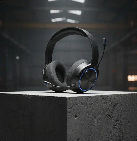 Moderne over-ear gaming-headset met ingebouwde microfoon, getoond in een donkere studioomgeving.
